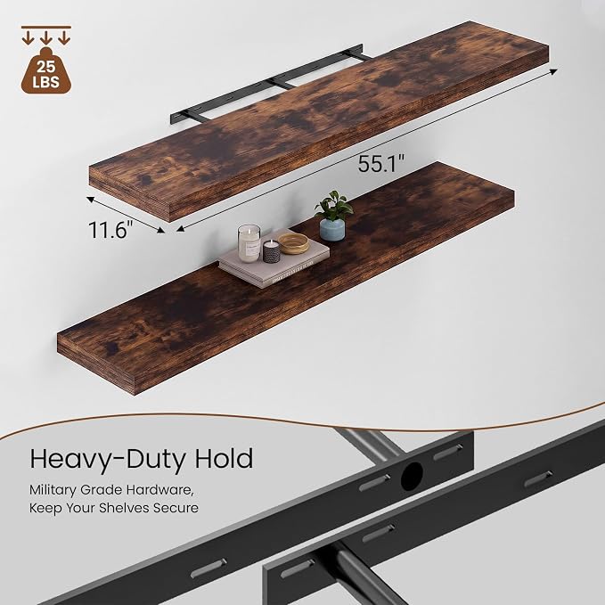 Heimlove 12 Inch Deep Floating Shelves, 55 x 12 inch Extra Long Floating Shelves for Wall, Large Display Shelf & Storage Shelf for Living Room Bedroom Kitchen Home Office, Set of 2, Rustic Brown