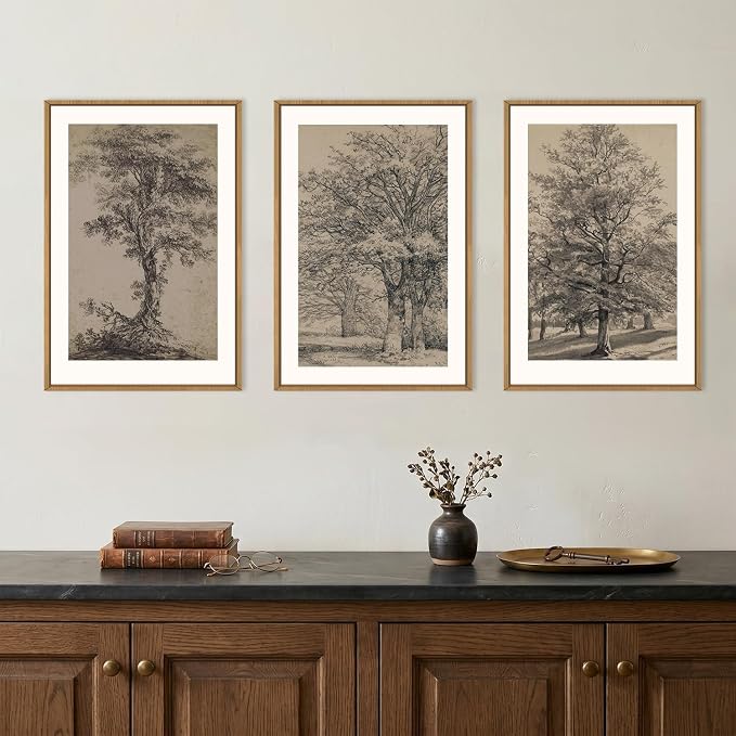 KAIRNE Vintage Tree Sketch Framed Canvas Wall Art Set, Antique Tree Drawings Wall Decor, Retro Forest Art Prints, Modern Nature Landscape Artwork for Living Room, Bedroom, Farmhouse, Office-24 x36 x3