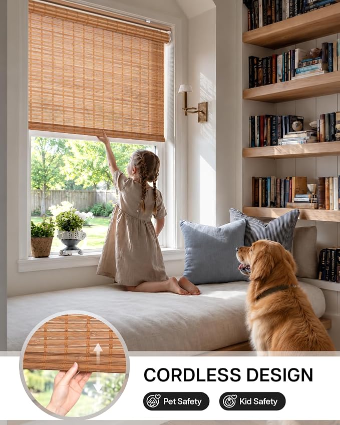 LazBlinds Cordless Bamboo Roller Shades, 34.5" W x 70" H, Squirrel | Natural Light Filtering Bamboo Window Blinds, Bamboo Roll Up Shades for Bedroom Living Room Office Indoor