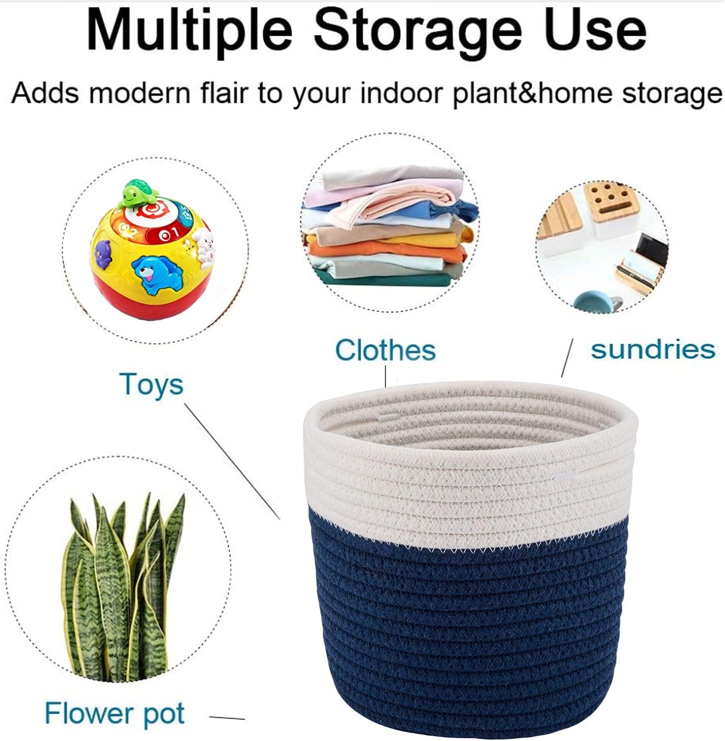 Cotton Rope Plant Basket Woven Baskets for 6" Pot Floor Indoor Planters,Rustic Home Decor H6 3/4" x W6 1/2" White Stitching Navy Blue