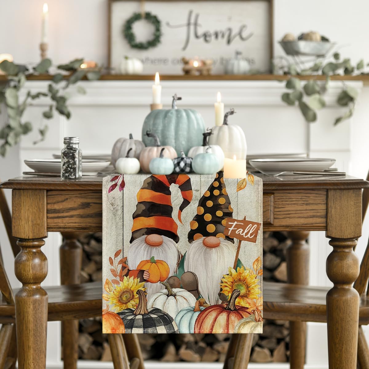 Artoid Mode Wood Gnomes Pumpkins Sunflower Leaves Fall Table Runner, Seasonal Autumn Kitchen Dining Table Decoration for Home Party Decor 13x72 Inch