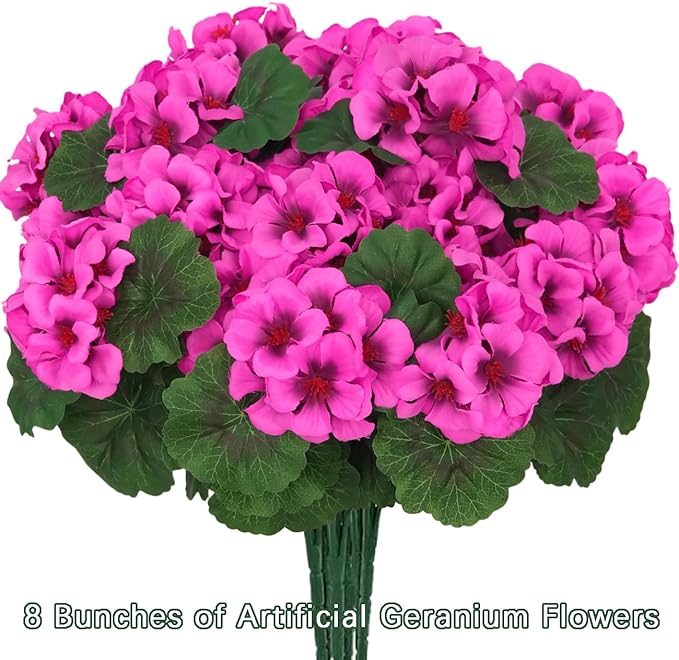 8 Pcs Artificial Geraniums Flowers for Outdoor Spring Summer Decor UV-Resistant & Realistic Silk Faux Plants for Garden Porch Patio Yard Balcony Home Kitchen Table Decoration, Rose Pink