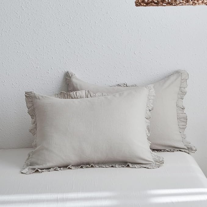 Simple&Opulence 100% Linen Duvet Cover Set, 3 PCS Natural French Flax Light Grey Ruffle Duvet Cover King Size, Breathable Comfy Linen Bedding Comforter Cover with 2 Pillowcases(Light Grey, 104"X 92")