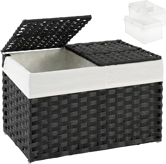 SETVSON Storage Basket with Lid Rattan Woven Storage Baskets with 2 Separate Lids, 17.2 Gallon (65 L), Wicker Storage Bins Foldable, 2 Removable Liner Bags Handles for Bedroom, Laundry Room Black