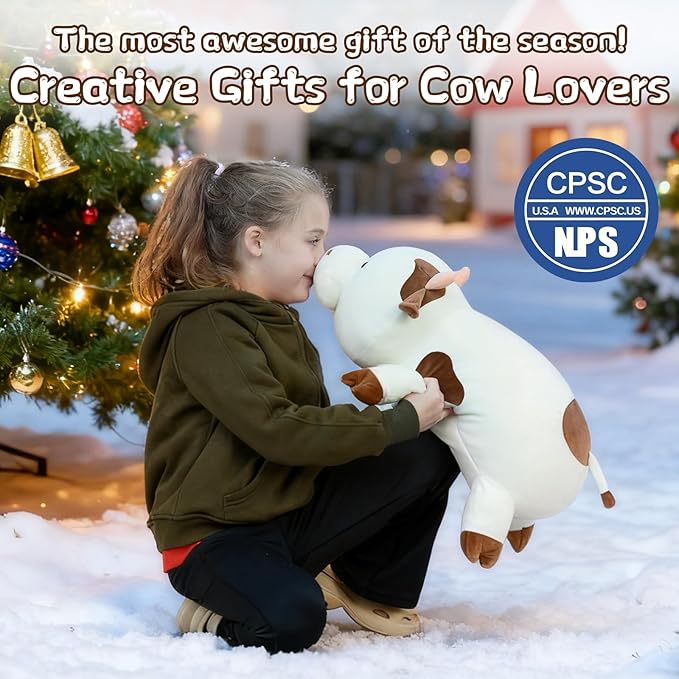 Tezituor Large Cow Plush Pillow,24" Soft Cow Stuffed Animal Hugging Pillow Squishy Cute Cow Toys for Kids Adults Christmas Birthday Gifts Bed Decor