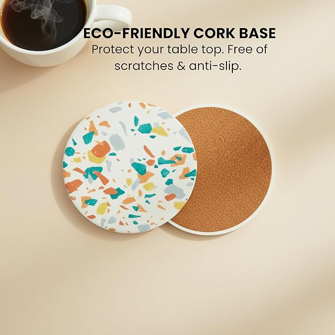 Absorbent Coaster Set of 6 with Holder, Drink Coasters for Coffee Table, Kitchen, Home Decor, Cute Ceramic Round Coasters, Alternative to Silicone, Cork or Glass Coaster (Splash)