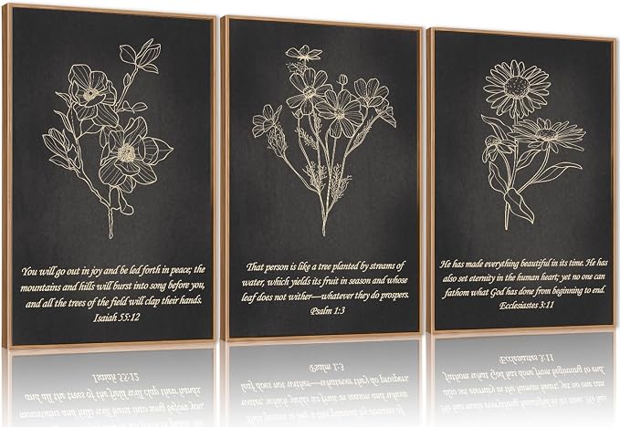 FWIEXA Black Christian Bible Verse Canvas Wall Art Set of 3, Easter Minimalist Scripture Wall Decor, Religious Beige Abstract Floral Painting, 16x24In Vintage Artwork for Living Room,Bedroom,Prayer Room