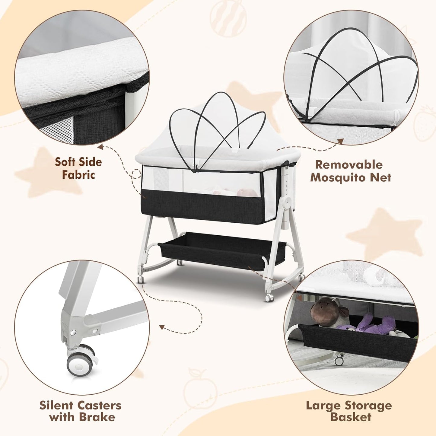 Baby Bassinet Bedside Sleeper for Baby,Bedside Bassinet with Wheels and Storage Basket,All Mesh 6 Height Adjustable Easy to Assemble Bedside Crib (Upgrade Black)