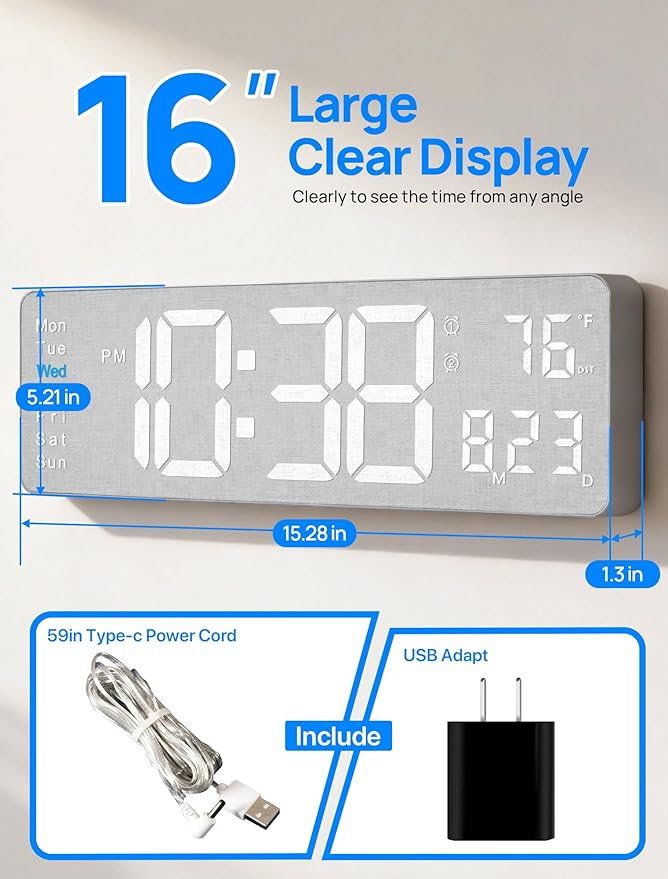 MASHI 2026 Upgrade Digital Wall Clock, 16" Large Display Digital Clock with Remote Control, Auto-Dimming Wall Clock with Night Light, DST, Date Week,Temp for Living Room, Gift for Elderly (Grey)