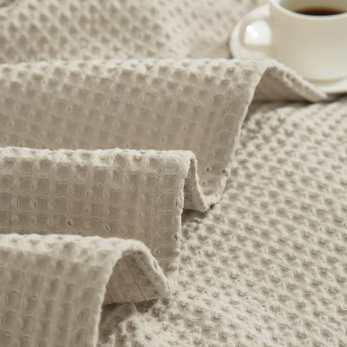 PHF Pre-Washed 100% Cotton Waffle Weave Blanket Twin Size for Bed,Snag Proof Throw Blanket for Couch Spring Summer Lightweight Breathable,Machine Washable, Home Decor Gift - Linen/Stone