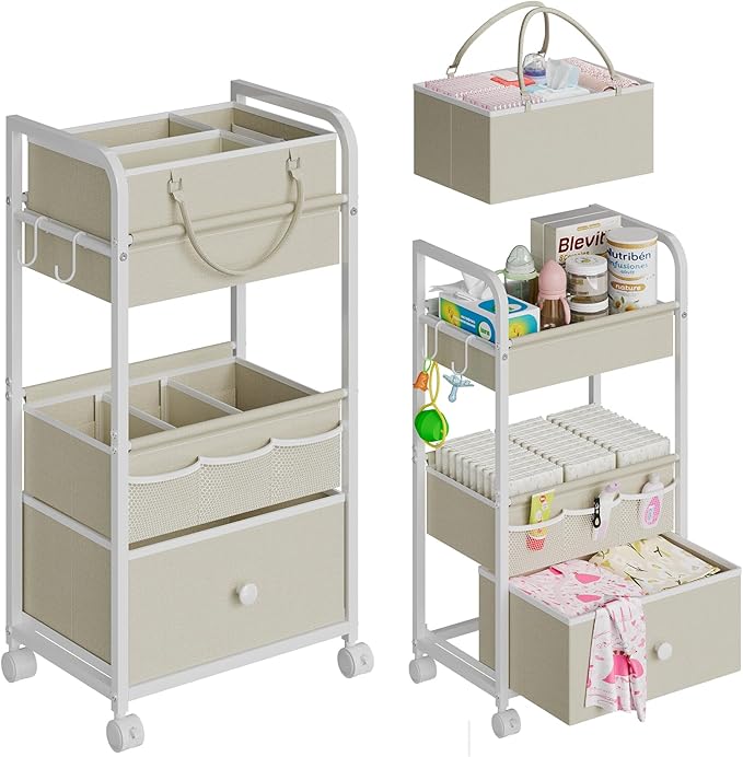 Cidaziya 2In1 Baby Diaper Caddy Organizer and Storage, 3 Tier Rolling Cart with Drawer, Mobile Utility Cart Baby Dresser Clothes Organizer for Crib, Art & Craft Storage, White, 17"W x 11.42"D x 33.5"H