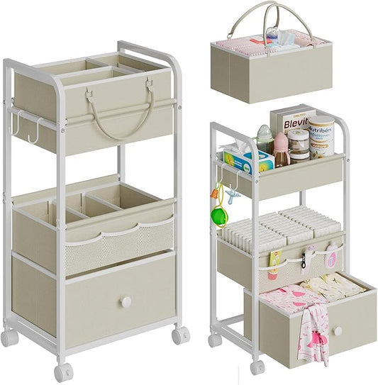 Cidaziya 2In1 Baby Diaper Caddy Organizer and Storage, 3 Tier Rolling Cart with Drawer, Mobile Utility Cart Baby Dresser Clothes Organizer for Crib, Art & Craft Storage, White, 17"W x 11.42"D x 33.5"H