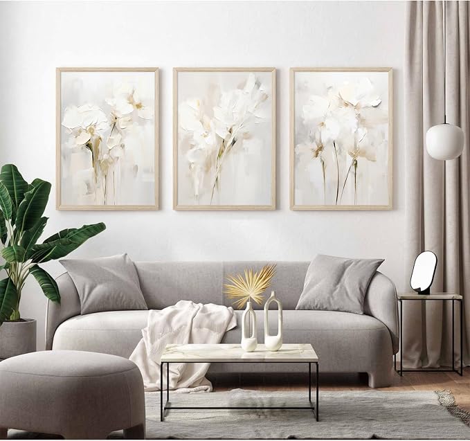 Neutral Wall Art Abstract Floral Canvas Pictures Beige Flower Wall Decor Modern Painting Minimalist Poster Abstract Botanical Prints White Artwork for Bedroom Living Room 12x16x3 Inch Wood Framed