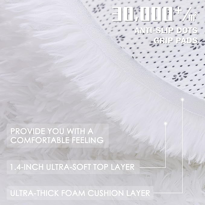 OLANLY 2x3 Machine Washable Small Bedside Rug, Soft Fluffy Shaggy Entryway Throw Rugs for Bedroom, Living Room, Indoor Floor Carpet for Kids Girls and Boys, Nursery Rooms, Home Decor Aesthetic, White