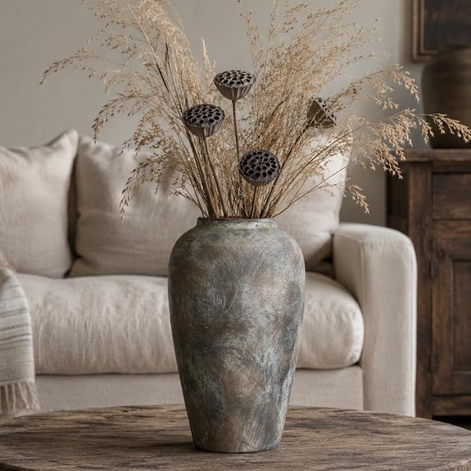 12 Inch Vintage Farmhouse Decor Ceramic Rustic Vase, Handmade Brown Flower Vases for Centerpieces, Living Room & Kitchen Shelf Decorative Pottery Vase for Home Decor