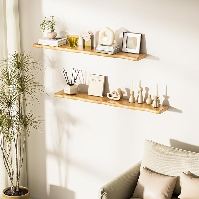Floating Shelves for Wall Rustic Farmhouse 48 Inch Floating Shelf Bathroom Wooden Shelves for Wall Mounted Live Edge Pine Shelf with Unique Natural Grain for Living Room Bedroom Kitchen (Natural)