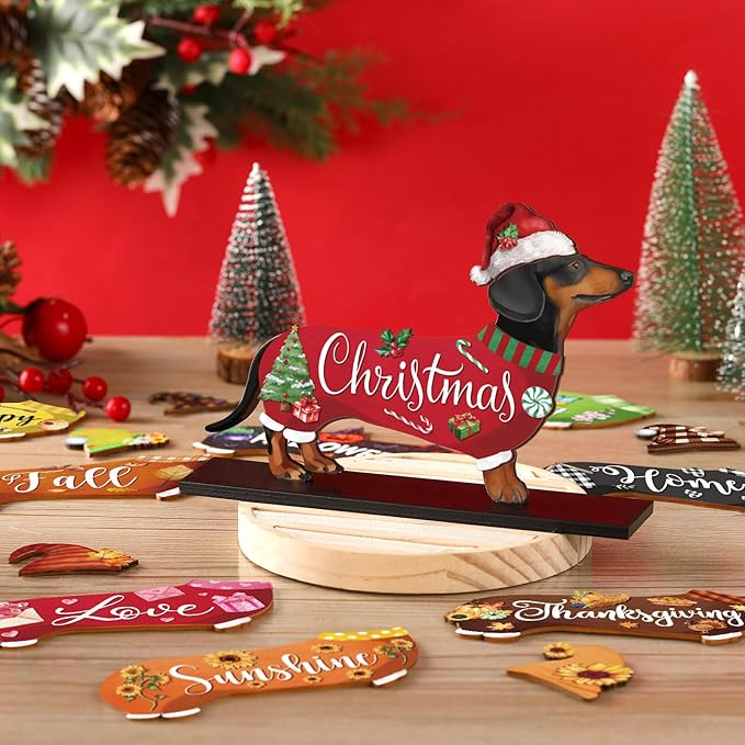 42 Pcs Interchangeable Summer Dachshund Holiday Wiener Dog Decor Seasonal Welcome Sign Tier Tray Decoration Ornament Farmhouse Wood Home Office Desk Accessories for Women Pet Lover Gift