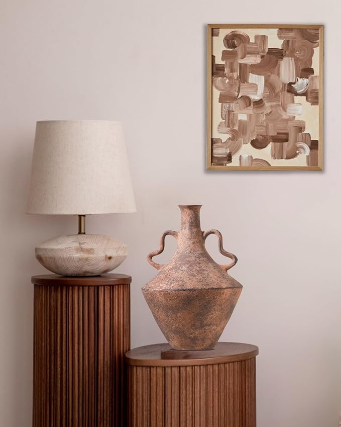 UPWOIGH 14x9.06in Vintage Ceramic Vase with Handles | Antique Terracotta Finish, Distressed Brown Tone, Black Markings, Rustic Farmhouse Décor, Gift Ready
