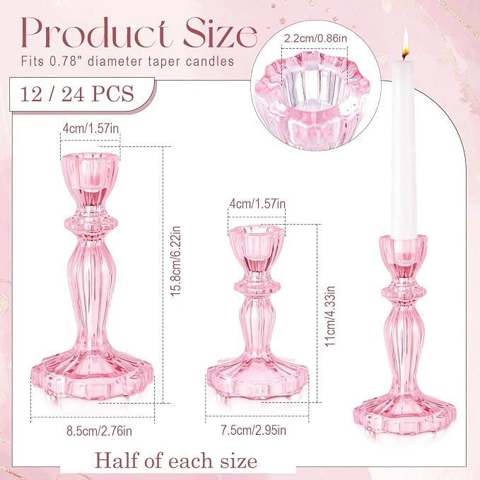 24 Pack Glass Candlestick Holders Set 4.3/6.1'' Taper Stripe Candle Holder Bulk Floral Shape Crystal Decorative Candle Stand Centerpiece for Table Wedding Dining (Pink)