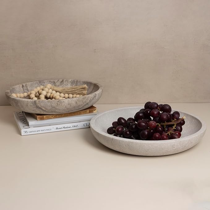 Shelf & Nook Travertine Decorative Bowls for Home Decor. Key Bowl for Entryway Table in a Choice of 5 Colors (Silver-Grey, Large)