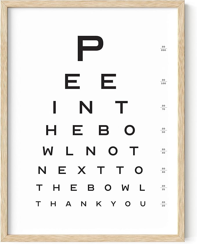 HAUS AND HUES Funny Bathroom Sign – Eye Exam Wall Art, Humorous Bathroom Print, Fun Wall Decor for Guest Bath, Restroom, or Home (12x16, Beige Frame)