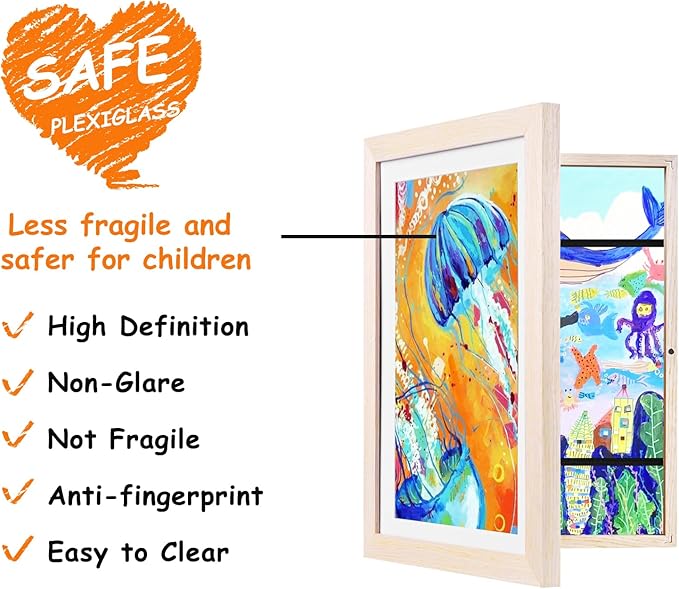 KINLINK 9x12 Kids Art Frame Set of 2, Solid Wood Kids Artwork Frames Changeable with Front Opening Hold 150 Pictures, Art Frames for Kids Art with Mat，without Mat 9x12 Picture Frame Natural