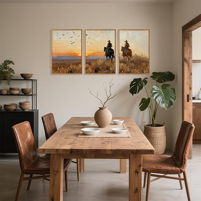 TOARTi Large Framed Western Cowboy Canvas Wall Art Set,Vintage Sunset Landscape Horseback Riding Wall Decor, Rustic Southwestern Art Prints for Farmhouse Living Room Bedroom Office-16”x24”x3