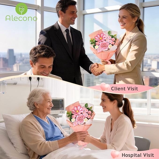 Alecono Crochet Flower Bouquet, Knitted Flowers, Pink Handmade Bouquet of Flowers for Mother's Day Anniversary Birthday Party Graduation Valentine's Day Gifts (Include Card)