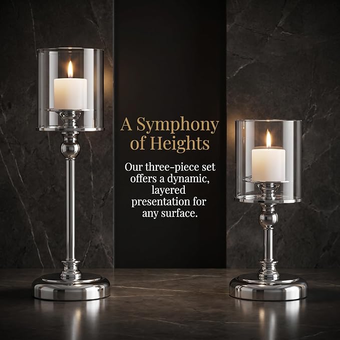 Sliver Hurricane Candle Holders - Set of 6 Tall Candlestick Holders Windproof Taper Candle Holders, Metal Stand for Table Centerpiece Outdoor Indoor Wedding Party Holiday Decor