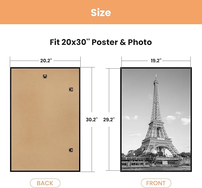 upsimples 20x30 Picture Frame Black 3 Pack, Scratch-Proof Poster Frames 20 x 30 for Photo Gallery - Slide-In Strips, Horizontal or Vertical Wall Mounting