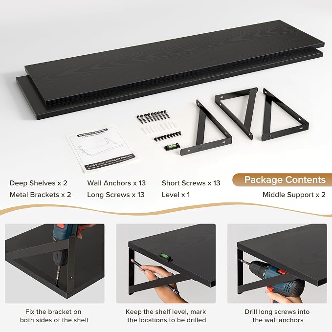 Acovy Deep Floating Shelves Wall Mounted, 48"x12" Black Wall Shelves with Brackets Set of 2 for Bedroom, Living Room, Bathroom, Kitchen, Office - Storage & Display Shelf for Decor, Books, Plants
