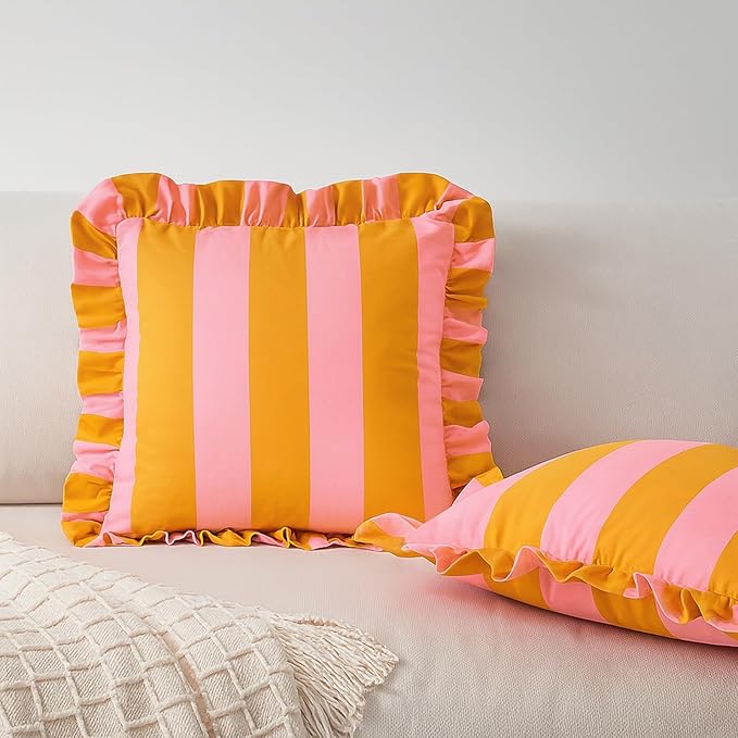MONDAY MOOSE Decorative Throw Pillow Covers, Set of 2 Water-Resistant Striped Design with Ruffle Edge for Outdoor/Indoor Use, Pillow Inserts Not Included (16x16 inch, Light Pink/Honey)