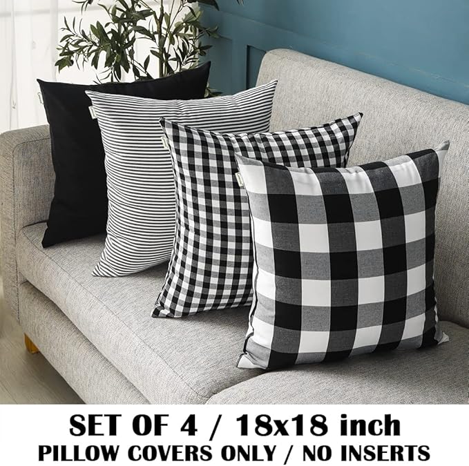 CARRIE HOME Black and White Buffalo Plaid Outdoor Throw Pillow Covers 18x18 Set of 4 Buffalo Check Farmhouse Decor for Couch Room and Front Porch