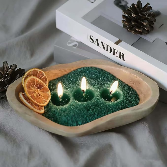 GrusoSP Reusable Wooden Dough Bowl Candle with 18 Oz Pearled Candle Sand and 30 Wicks Unscented Palm Sand Wax Refillable Powder Candles DIY Wax Making Kit (Emerald)