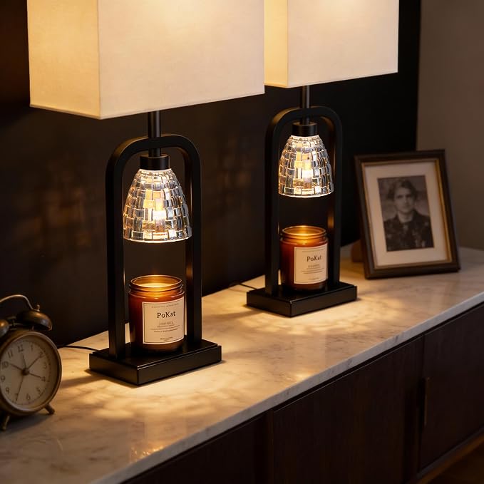 PoKat Electric Candle Warmer Lamps Gold, Lamp Candle Warmers with Timer Dimmer, Wax Light Warming Table Lamps Set of 2 for Jar Candles, Modern Bedside Lamp for Home Decor Living Room, Bulb Included