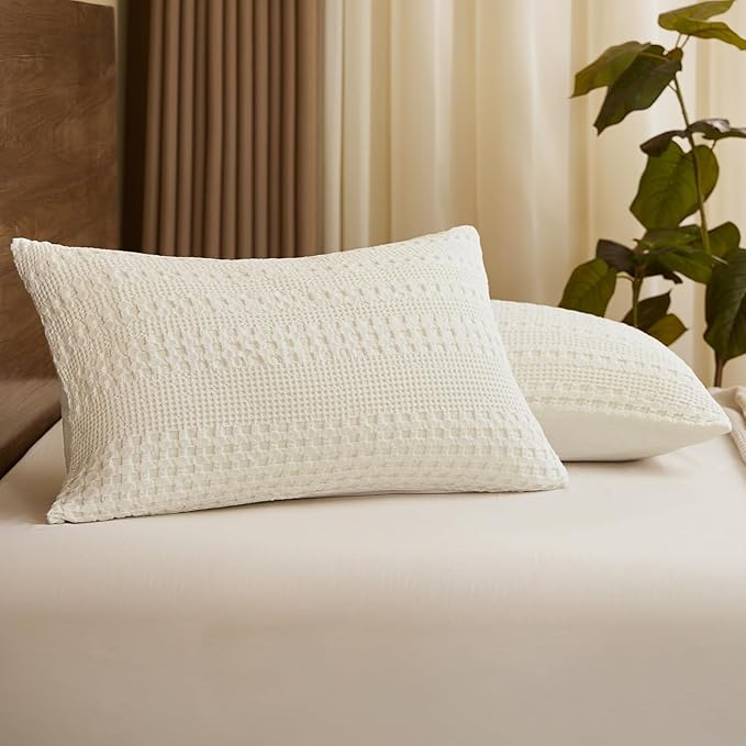 PHF 100% Cotton Waffle Pillow Shams Queen Size, 2 Pack 20" x 30" Soft Skin-Friendly Pillowcases, No Filling, Aesthetic Woven and Breathable Waffle Weave Pillow Case Covers for Bed, Ivory