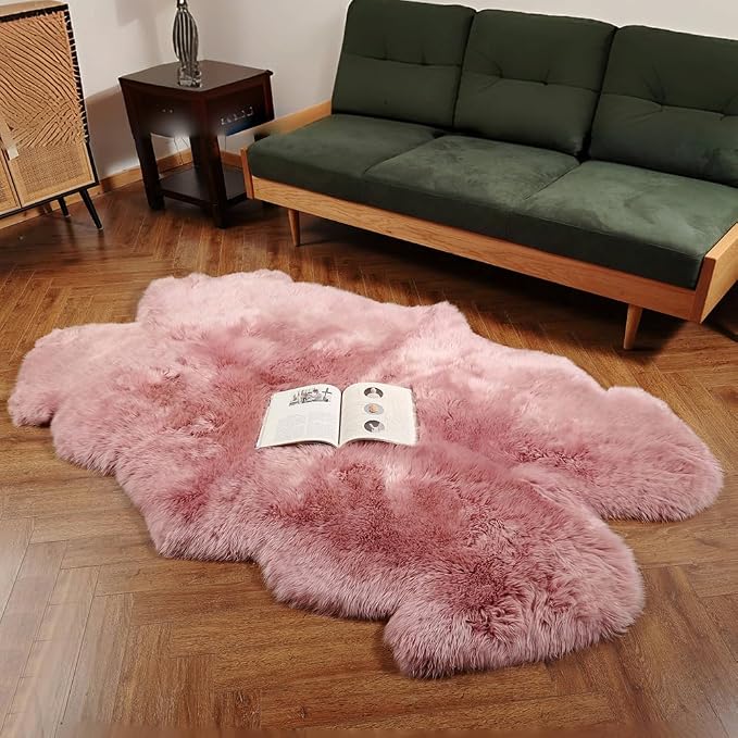 IRIWOOL Premium Genuine Fur Sheepskin Rug Real Australia Sheepskin Natural Luxury Fluffy Lambskin Fur Area Rug Seat Covers for Kids Bedroom Sofa Chair Cover (Light Pink, 4ft x 6ft) …