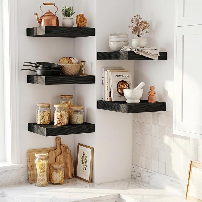 Fun Memories Wood Floating Shelves 16 Inch, 12 Inch Deep Shelves Wall Mount, Wall Shelves with Invisible Bracket, 16" Floating Shelves for Living Room Bathroom Bedroom, Black, Set of 2