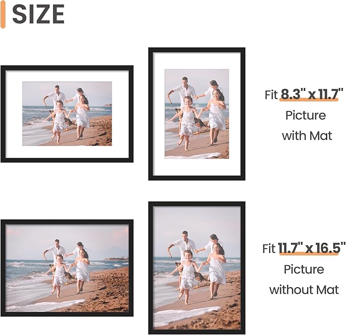 upsimples A3 Picture Frame, Display Pictures 8.3x11.7 with Mat or 11.7 x 16.5 Without, Wall Hanging Poster Frames, Black, 1 Pack