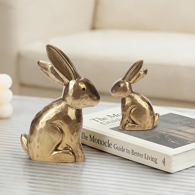 DN DECONATION Golden Bunny Figurines, Wooden Bunny Decor, Small Easter Rabbit Statue Set of 2, Vintage Easter Decorations, Bunny Decorations for Home, Spring Decor, Gift