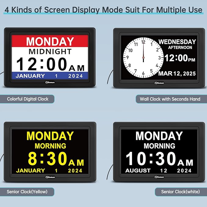 Soobest Dementia Digital Clock for Seniors Elderly, 20 Alarm Reminders 3 Ringtones for Memory Loss Alzheimers, Electric Time Date Day Large Display Calendar Clock, Auto DST, 1024 * 600P HD
