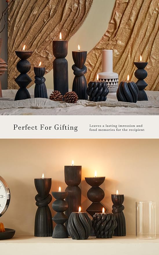 7 Pcs Large Ribbed Pillar Candles - Handmade Soy Wax Candles for Home Decor, Modern Shelf Decor, Housewarming Gift, Aesthetic Room Decor (Black)
