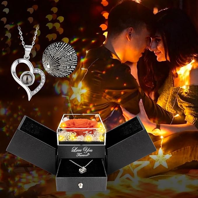 ENERLEAF Preserved Orange Real Rose-Eternal Flowers Rose Gifts for Mom Grandma Wife Girlfriend on Mothers Day Birthday Valentines Christmas Anniversary Romantic Gifts for Her with I Love You Necklace