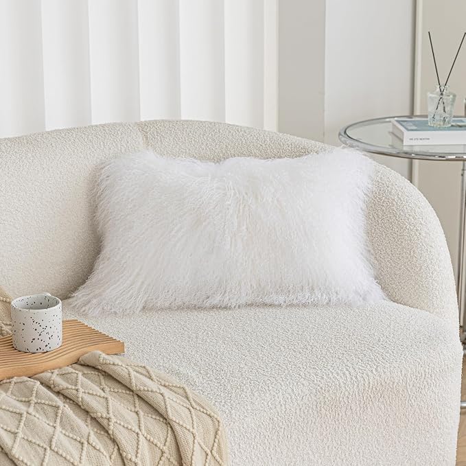 Real 100% Tibetan Mongolian Lamb Sheepskin Wool Fur Throw Pillow Covers Super Soft Plush Leather Accent Pillowcase Decorative Cushion Cover White 12x20 Inch Set of 2