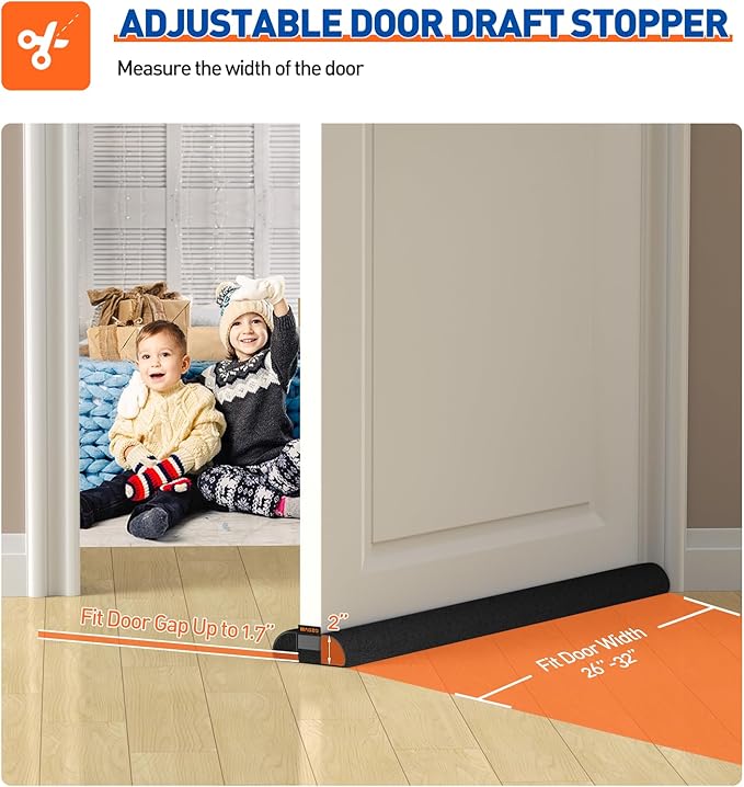 MAGZO Door Draft Stopper, 32 Inch Adjustable Under Door Gap Filler, Fits 26'' - 32'' Bottom Widths, Seals Gaps up to 1.7", Soundproof Sweep Blocks Air, Noise, Light, Dust- Black