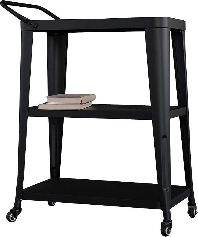 AC Pacific Harold 3-Tier Metal Rolling Cart with Swivel Rollers, Durable Utility Table on Wheels with Handle, All Metal Frame for Easy Mobility, Versatile Kitchen Stand for Bar or Serving Use, Black