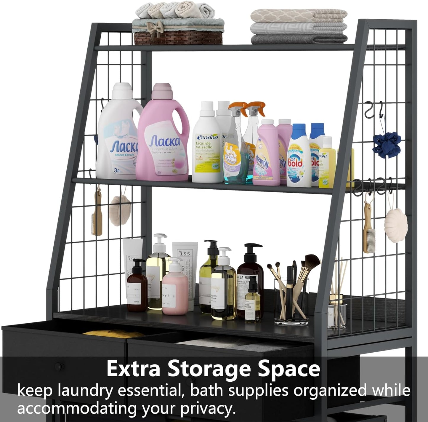 Laundry Hamper Laundry Basket with 3 Section Pull-Out Rolling Bags & 2-Tier Storage Shelf, Laundry Sorter for Organization and Storage with 2 Drawers for Laundry Room, Bathroom