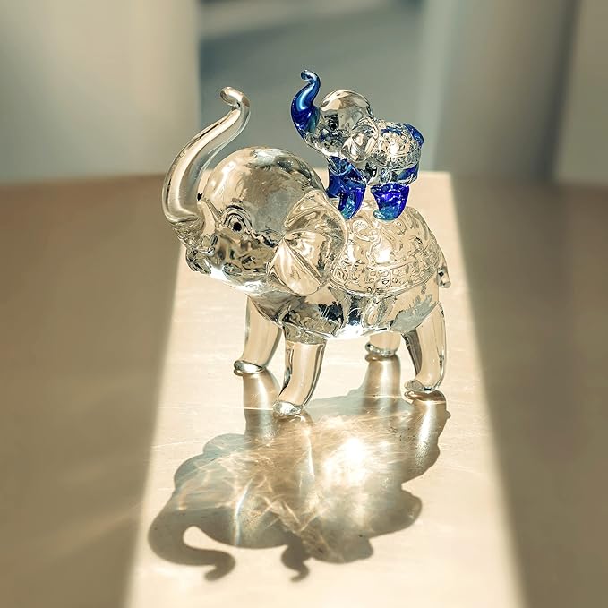 Crystal Elephant Figurines Collectible Glass Elephants Figurine Decor for Home Office Tabletop Mother's Birthday Housewarming Gifts for Women (Mom and Son)
