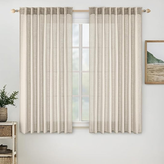MIULEE Cream Linen Curtains 45 Inch Length 2 Panels for Bedroom Living Room, Soft Linen Textured Window Drapes Semi Sheer Light Filtering Back Tab Rod Pocket Farmhouse Modern Burlap Look Decor