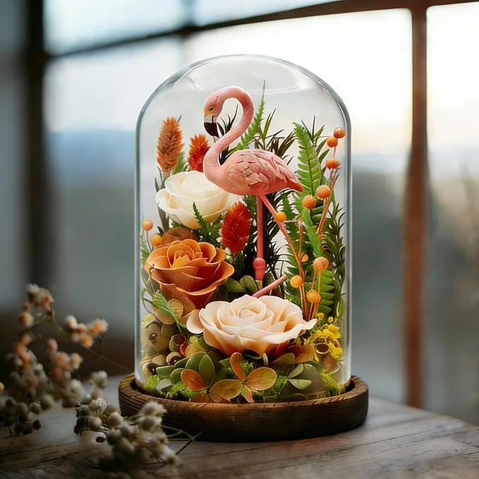Eternal Flowers with Flamingo-Big Flower Big Love- Gifts for Mom Wife - Forever Flower in Glass Dome-Flowers for Delivery Prime | for Anniversary Birthday Mothers Day (Champagne)